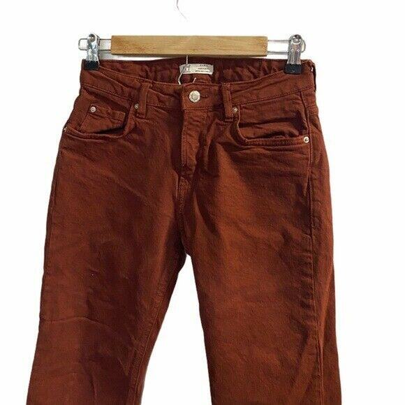 Zara trf Collection Frayed Denim flare crop jean orange red Sz 4 - Picture 3 of 12